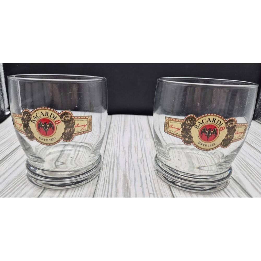 Set of 2 Bacardi 8 Rum Heavy Rocks Glasses Red Bat Logo Crest Whiskey Lowball